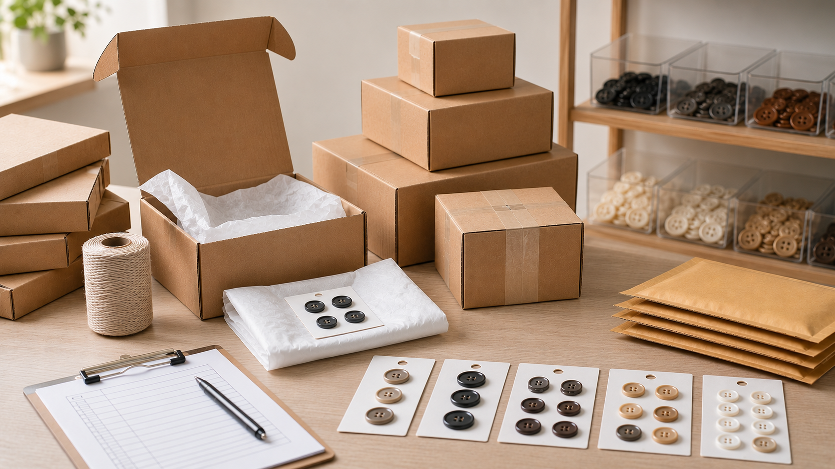 Verpackte Knöpfe, Kartons und Sortierboxen für den Versand