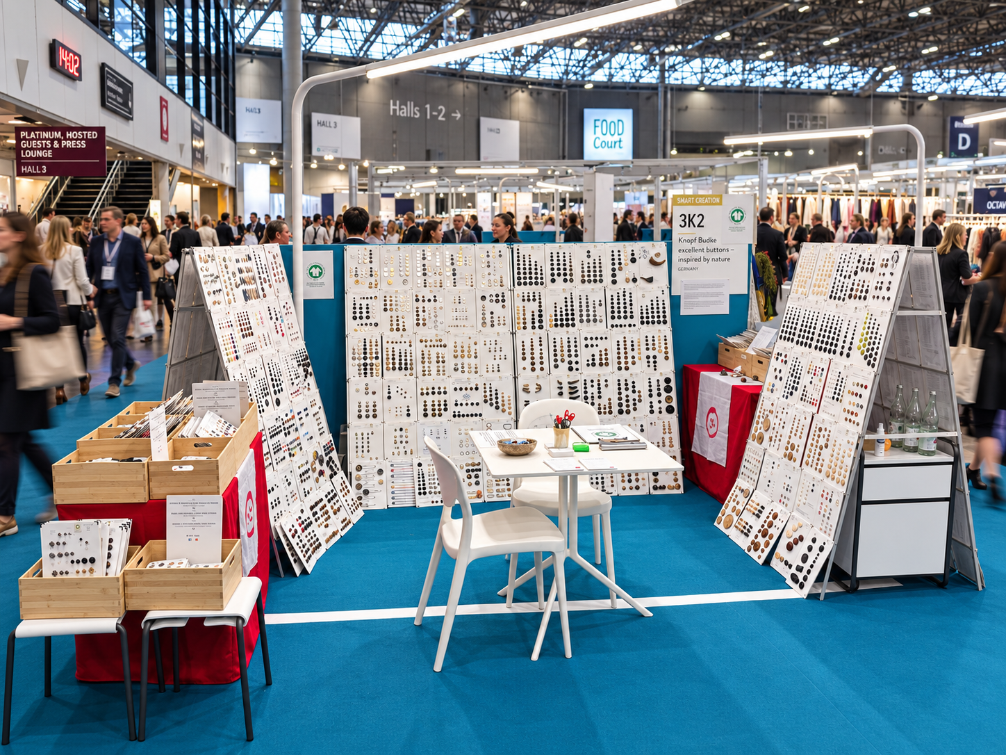 Messestand von Knopf Budke mit ausgestellten Knopfmustern