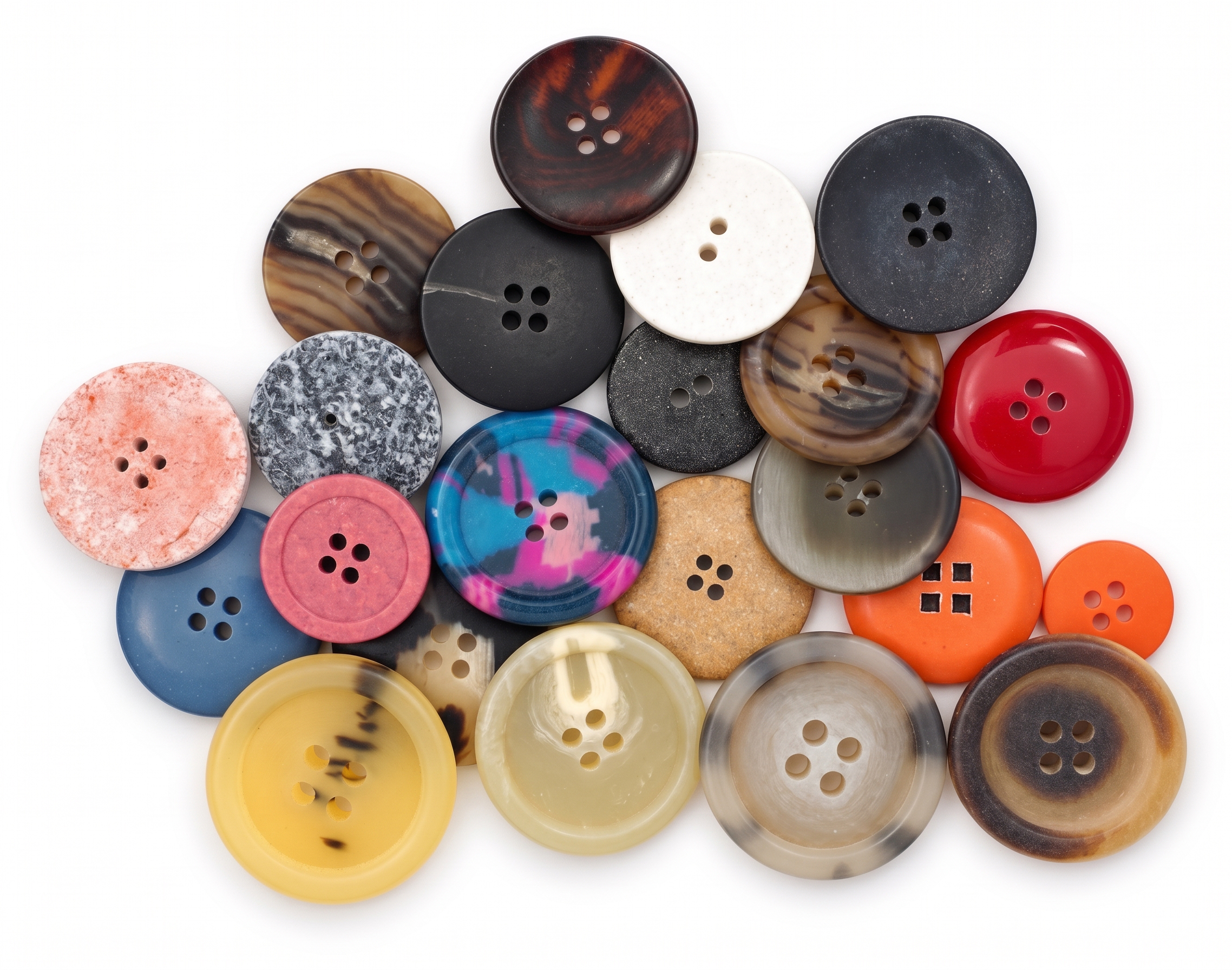 Knöpfe aus Recyclingmaterialien in verschiedenen Farben und Formen